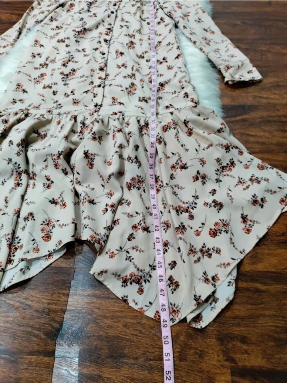 Begonia Puff Long Sleeve High Neck Floral Print Hi-Low Dress Beige Womens Small - Picture 8 of 16
